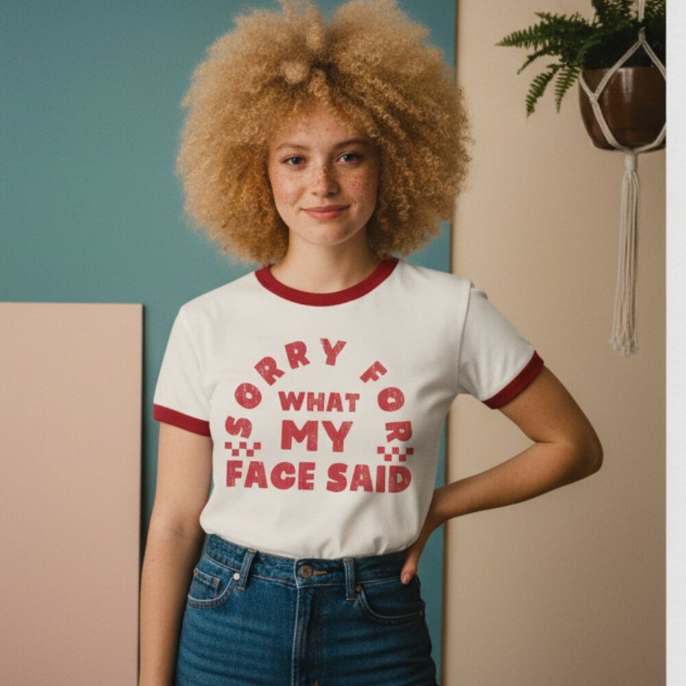 Sorry for What My Face Said Snarky Humor Graphic Ringer Tee Red & White Retro